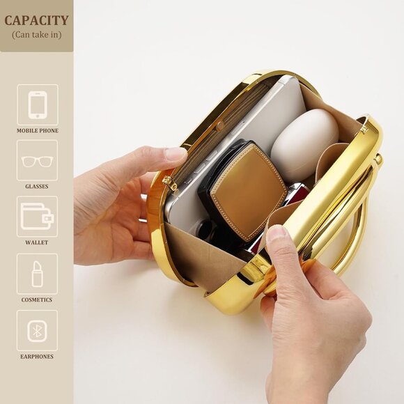 Women's Gold Acrylic Zipper Magnetic Closure Shoulder Wedding Crossbody Clutch - Picture 4 of 6